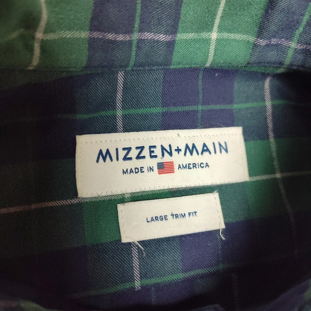 Mizzen+Main‎ Shirt Mens Large Green Plaid Button-Up Flannel Slim Trim Fit USA